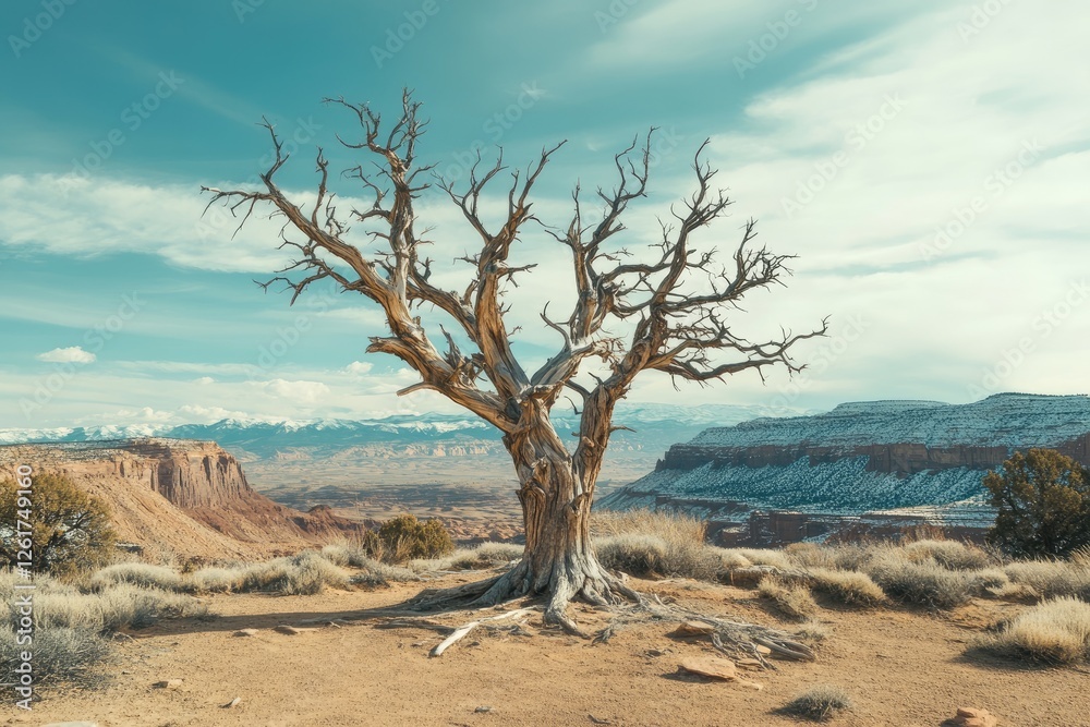 Dead tree stands tall against a desert backdrop Dead tree stands tall against a desert backdrop