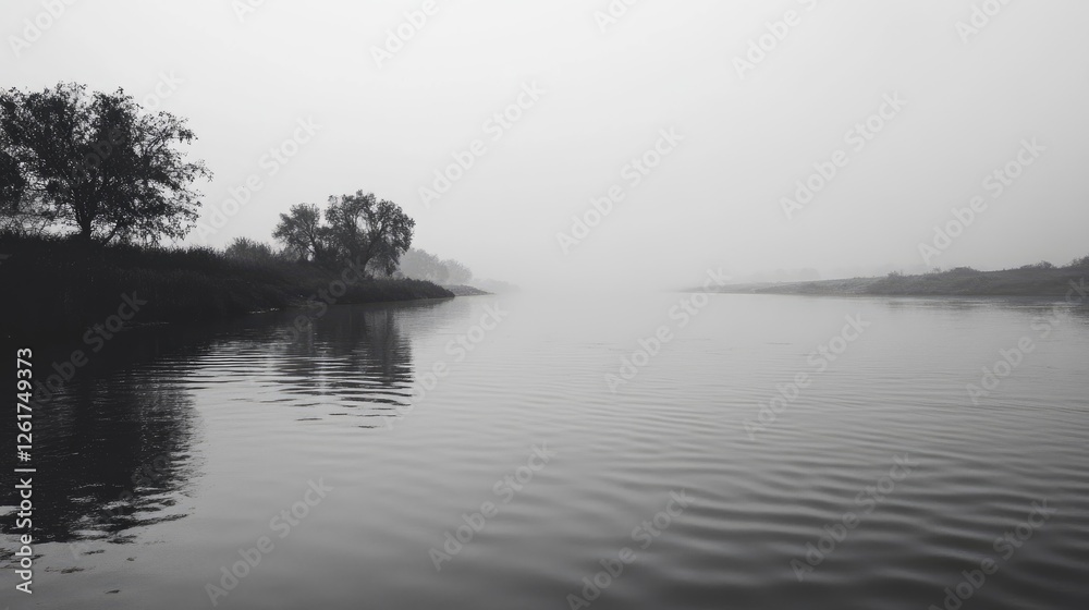 Fototapeta premium Misty Riverbanks With Silhouetted Trees Reflecting In Calm Water