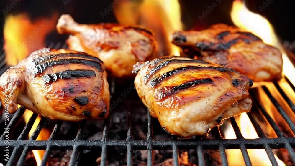 Chicken thighs grilled on hot barbecue charcoal flaming grill. Juicy chicken meat roasted on bbq grill. slow motion
