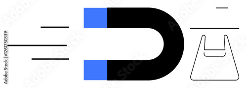 Horseshoe magnet attracting a shopping bag, with motion lines indicating speed. Ideal for marketing, attraction, magnetism, commerce, customer engagement, e-commerce conversion. Black blue