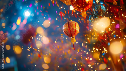 Red Gold Festive Lanterns Bright Lights Celebration Background New Year Asia Party Shiny Event Image