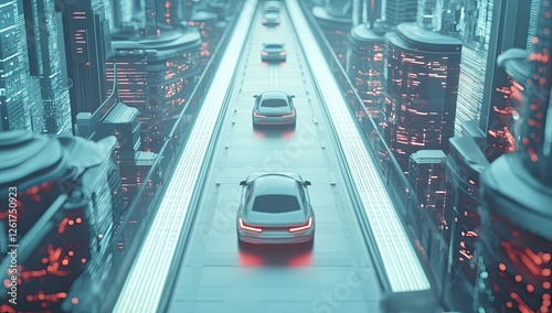 Futuristic elevated city roadway with cars, digital cityscape background photo