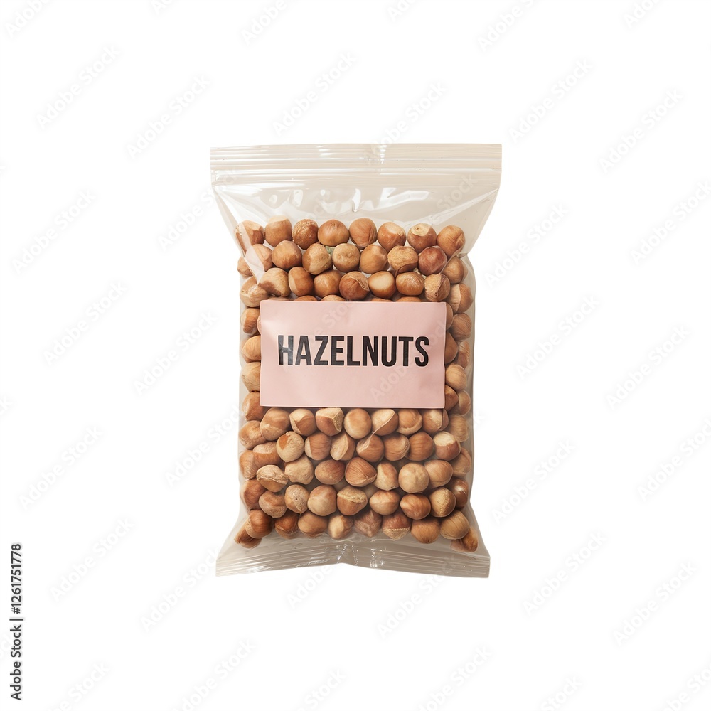 Clear plastic bag filled with roasted hazelnuts, labeled with a simple tag Clear plastic bag filled with roasted hazelnuts, labeled with a simple tag