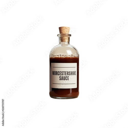 Bottle of Worcestershire Sauce with Cork Stopper on a Plain Background