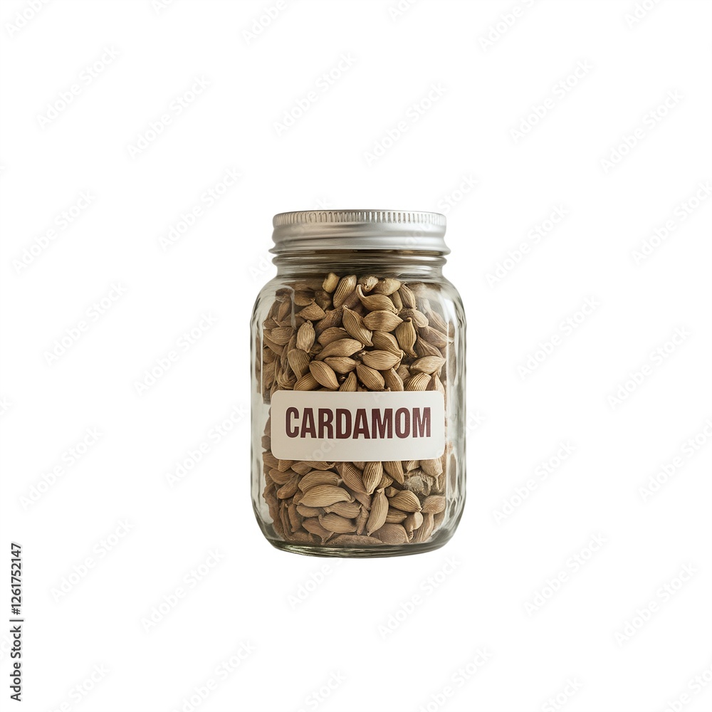 Glass jar filled with aromatic cardamom pods labeled 'Cardamom' Glass jar filled with aromatic cardamom pods labeled 'Cardamom'