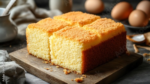 Delicious milk sponge cake on a table.