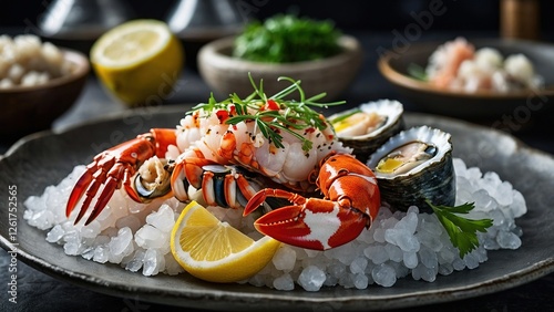 Exquisite Lobster Dish with Shellfish and Citrus Garnish photo