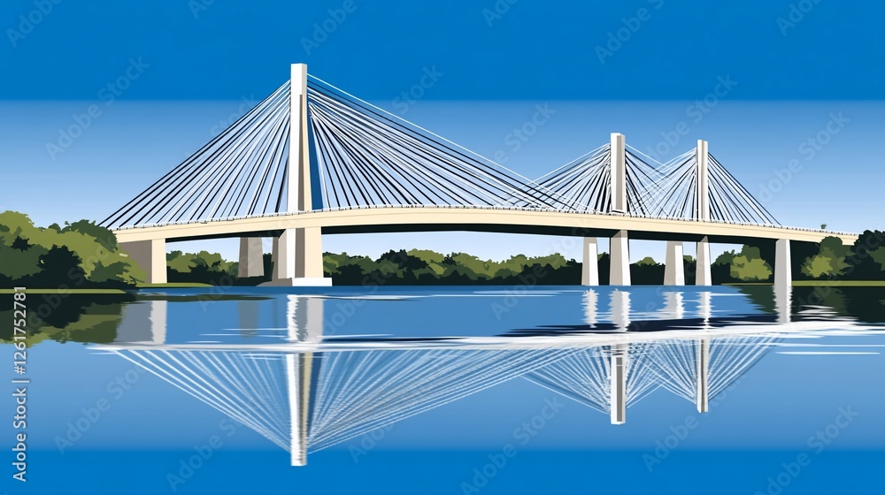 Fototapeta premium Cable-stayed bridge spans river, serene landscape