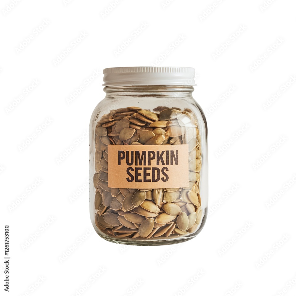 Glass jar filled with raw pumpkin seeds labeled 'Pumpkin Seeds' Glass jar filled with raw pumpkin seeds labeled 'Pumpkin Seeds'