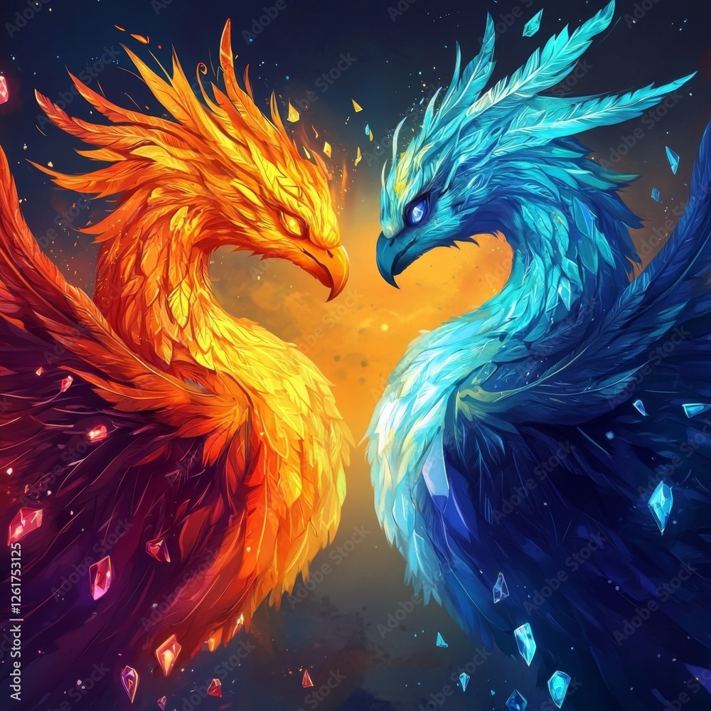 Obraz premium Fiery and Icy Phoenixes: A Majestic Digital Painting