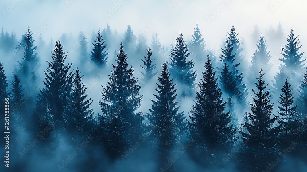 Obraz premium Misty mountain forest at dawn, tranquil scene, nature background, ideal for travel brochures