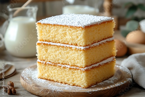 Delicious milk sponge cake on a table.