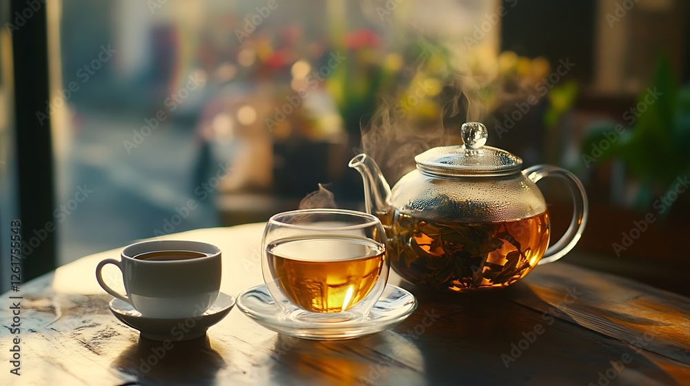 Tea in glass teapot and green tea leaves on wooden table Tea in glass teapot and green tea leaves on wooden table