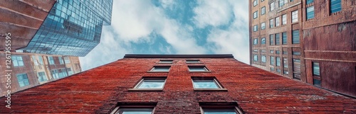 Urban Brick Building Perspective with Modern Skyscraper Background photo