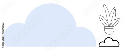 Large light blue cloud, small black outline of cloud, potted plant with outline style leaves featuring minimalism. Ideal for eco-friendly tech, cloud computing, digital growth, innovation