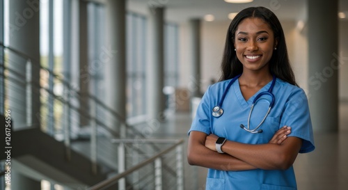 Close-up photo of an African-American female nurse posing against the backdrop of a health clinic room