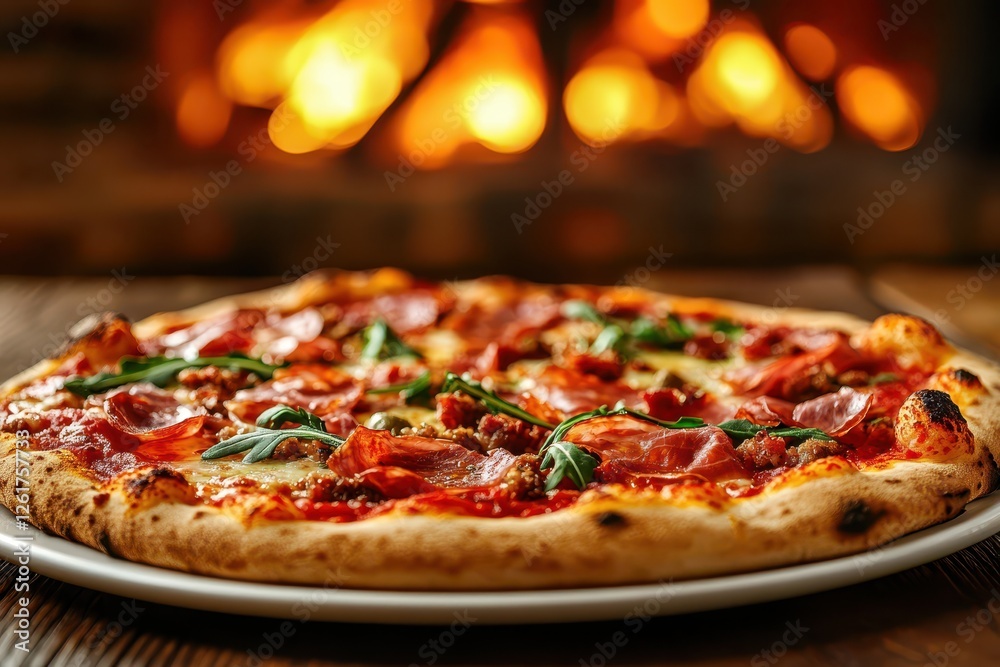 A close-up shot of an Italian pizza with prosciutto and arugula, sitting on the edge of its white plate in front of a rustic wooden table A close-up shot of an Italian pizza with prosciutto and arugula, sitting on the edge of its white plate in front of a rustic wooden table