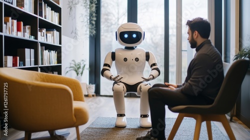 A robot designed like a psychologist chats with a depressed patient, showcasing the fusion of psychology and AI.