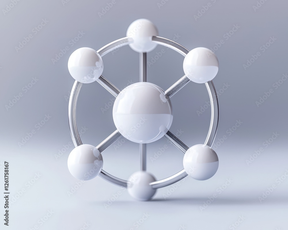Obraz premium A modern 3D model representing a molecular structure, showcasing connections and symmetry in a clean design.
