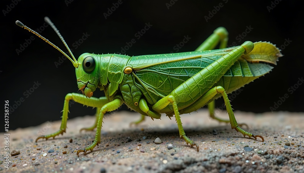 Close-up of a vibrant green katydid, showcasing its intricate details and leaf-like camouflage on a textured surface. Close-up of a vibrant green katydid, showcasing its intricate details and leaf-like camouflage on a textured surface.