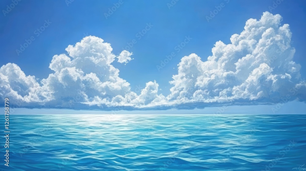 Obraz premium Serene Ocean Scene Under a Bright Blue Sky With Fluffy Clouds