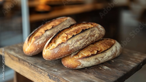 Rustic wooden table with freshly baked sourdough bread 