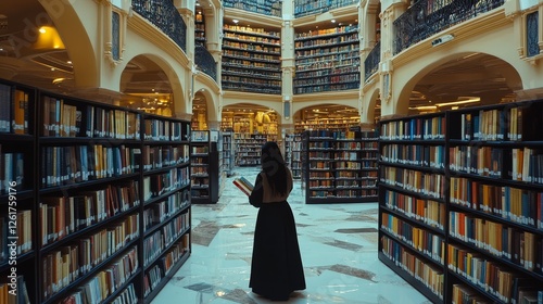 A young female student browses books in a vast library in Dubai.