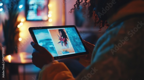 Woman viewing digital art on tablet at night cozy home setting illuminated by warm lights