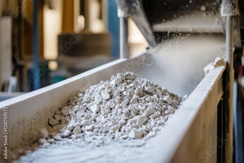 White granular material flows on a conveyor belt