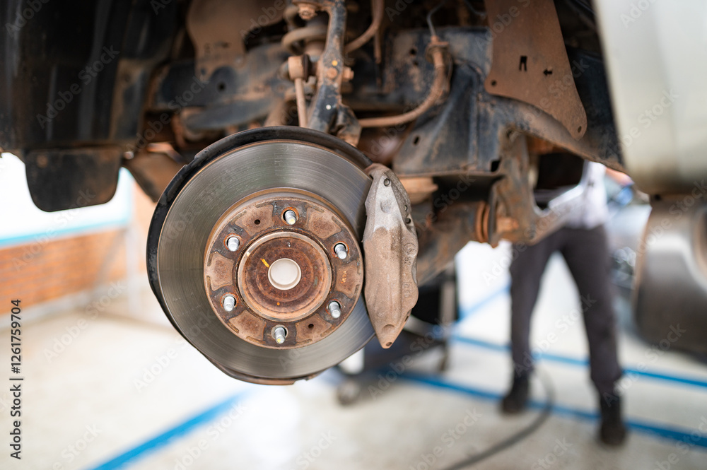 Brake Disc Inspection: Close-up view of a rusty brake disc on a vehicle lifted in an auto repair shop, with a mechanic blurred in the background, highlighting the need for maintenance and inspection. Brake Disc Inspection: Close-up view of a rusty brake disc on a vehicle lifted in an auto repair shop, with a mechanic blurred in the background, highlighting the need for maintenance and inspection.