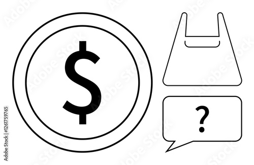 Coin with dollar sign, shopping bag, and speech bubble with question mark. Ideal for e-commerce, retail, pricing, questions, shopping decisions consumer behavior financial queries. Abstract line