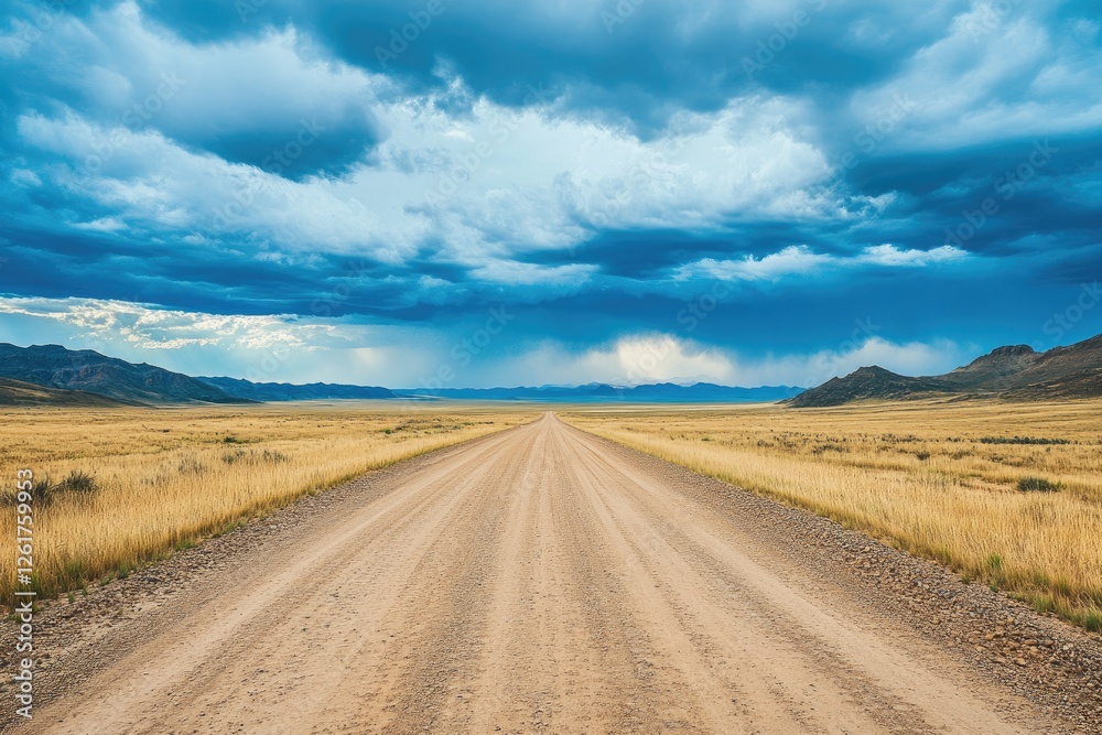 Dirt road vanishing into a vast landscape under a dramatic sky Dirt road vanishing into a vast landscape under a dramatic sky