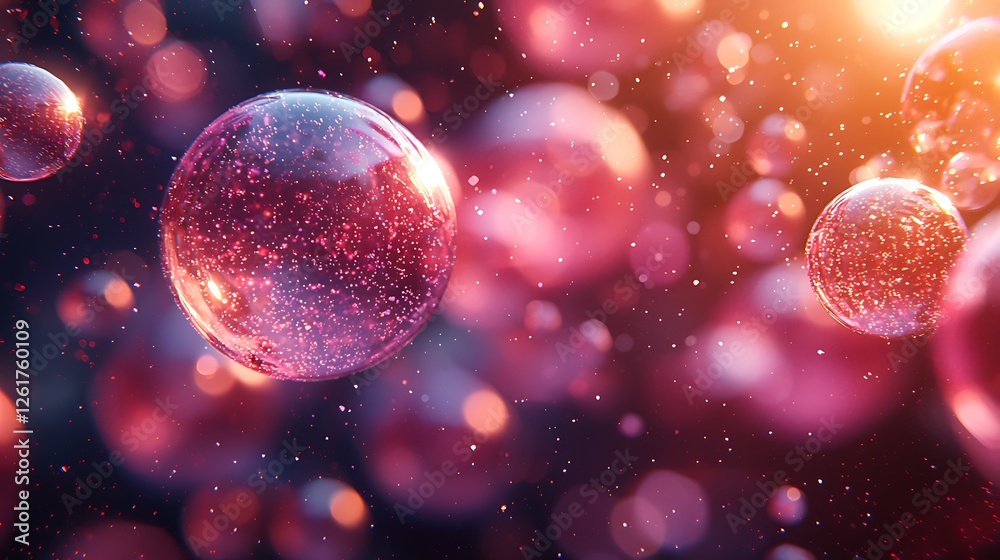 Pink glittering bubbles floating, sunlit background, festive backdrop Pink glittering bubbles floating, sunlit background, festive backdrop