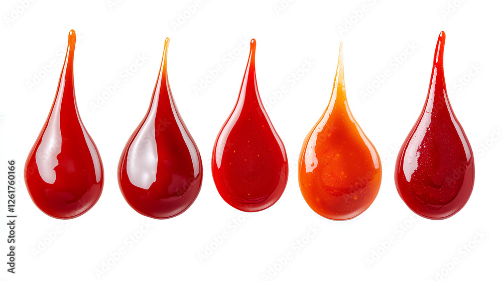 Obraz premium drops of tomato sauce or ketchup in different stages isolated in white background