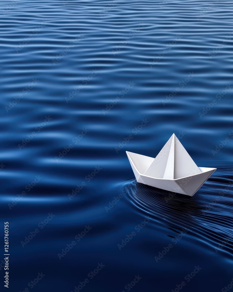 Obraz premium A serene paper boat gliding across calm blue water, representing tranquility and creativity in motion.