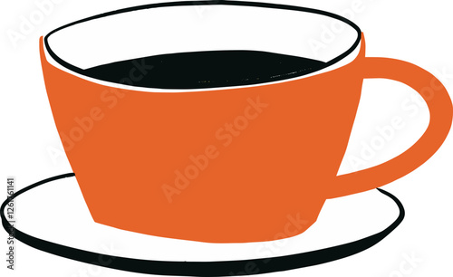 Coffee cup with black drink on a sleek saucer in vibrant orange color cartoon isolated on transparent background. Vector illustration.