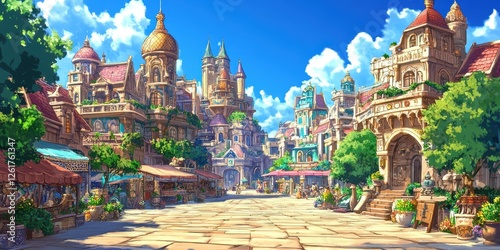 Beautiful anime style depiction of a bustling fantasy city