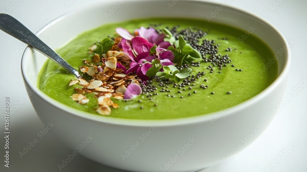 Delicious Green Smoothie Bowl with Toppings Chia Seeds Granola and Edible Flowers Delicious Green Smoothie Bowl with Toppings Chia Seeds Granola and Edible Flowers