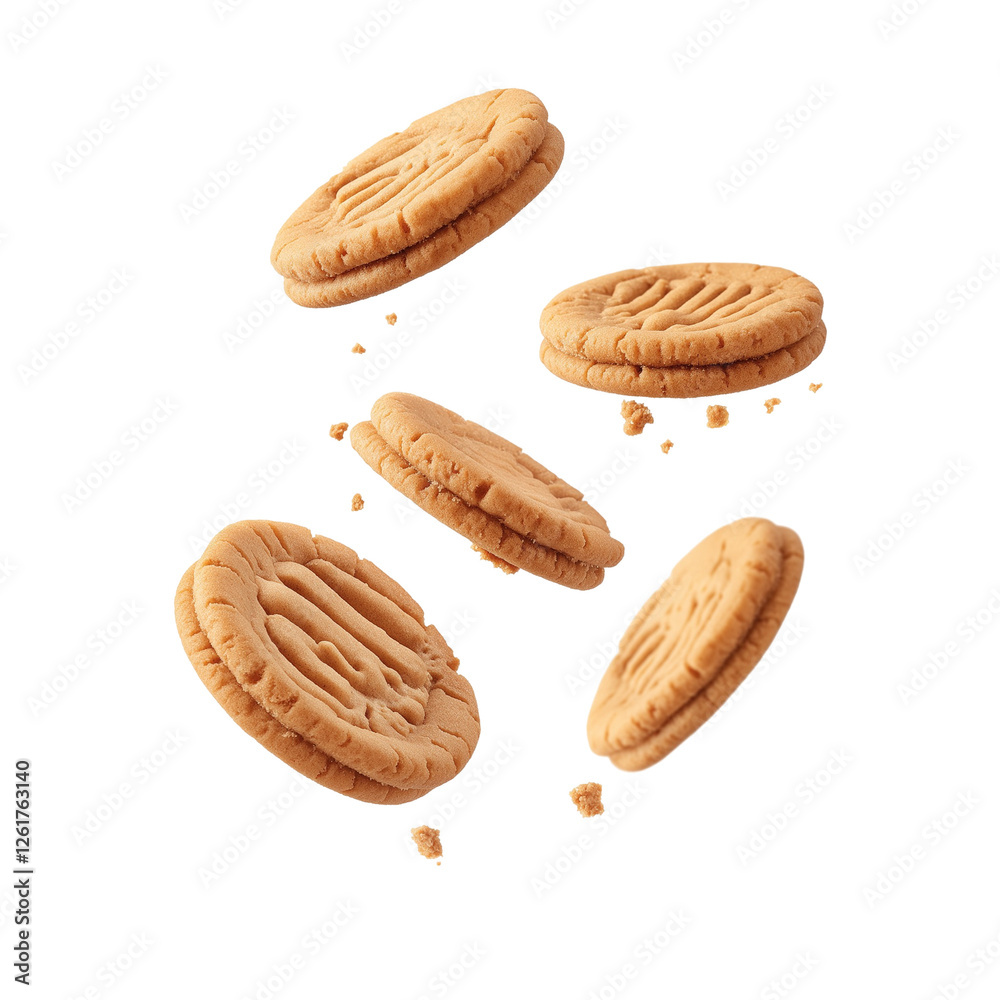 floating peanut butter cookies isolated on transparent white background, clipping path floating peanut butter cookies isolated on transparent white background, clipping path