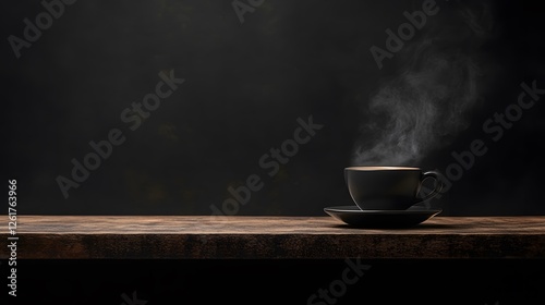 Warm beverage on rustic wood, inviting aroma amidst dark background