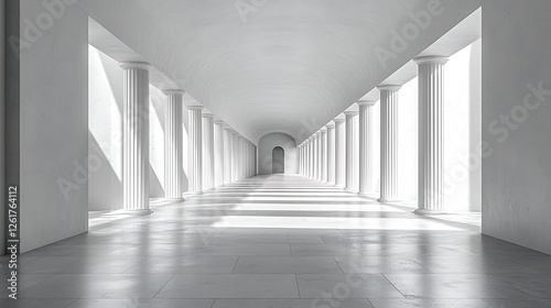 Sunlit classical colonnade hallway; architecture, design, interior, perspective, light