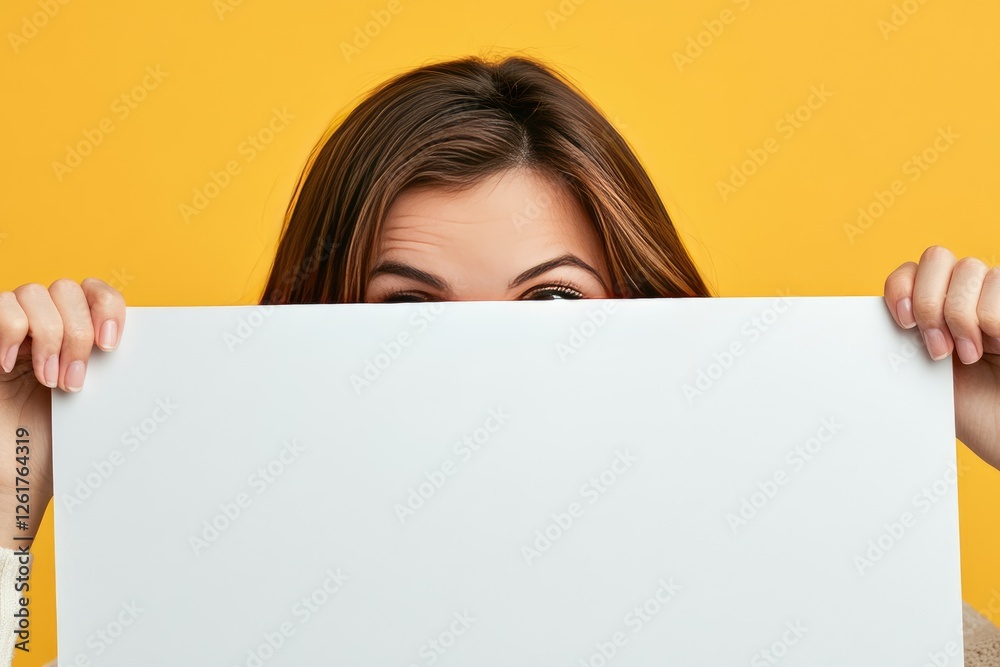 Woman playfully hides behind a blank white paper Woman playfully hides behind a blank white paper