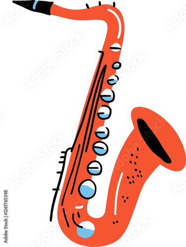 Bright orange saxophone with playful design cartoon isolated on transparent background. Vector illustration.