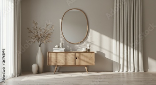 Wallpaper Mural Minimalist interior design, wooden sideboard, round mirror, white vase with branches, sunlight and shadows, beige walls, hardwood floor, Scandinavian style, natural materials, calm atmosphere, neutral Torontodigital.ca