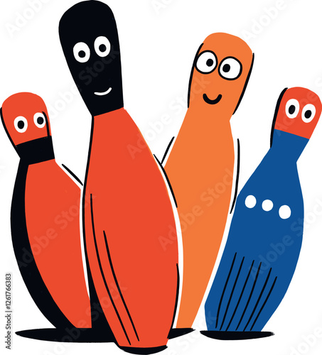 Colorful bowling pins stand together in a playful arrangement at a bowling alley cartoon isolated on transparent background. Vector illustration.
