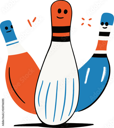 Fun bowling pins with cheerful faces cartoon isolated on transparent background. Vector illustration.