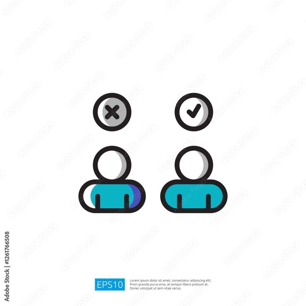 two stylized figures with a checkmark and an X above them, representing approval and disapproval. It symbolizes decision-making or evaluation illustration icon two stylized figures with a checkmark and an X above them, representing approval and disapproval. It symbolizes decision-making or evaluation illustration icon