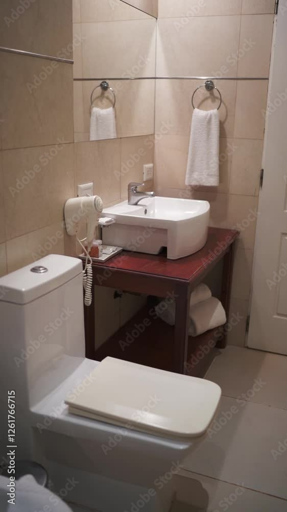 Vertical hotel bathroom shot, toilet and sink with mirror on the wall of luxury hotel room, wooden table and white towels, static shot Vertical hotel bathroom shot, toilet and sink with mirror on the wall of luxury hotel room, wooden table and white towels, static shot