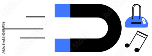 Large magnet pulling a handbag and a music note. Ideal for marketing, advertising, attraction concepts, shopping, influence, customer engagement, and media industries. Line metaphor