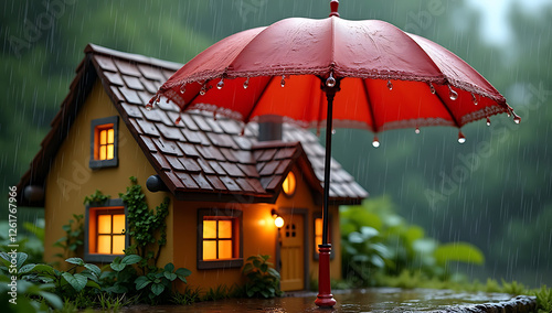 A large red umbrella hovering over a cozy house, protecting it from heavy rain. A visual metaphor for home security, safety, and financial protection. Soft lighting and warm tones enhance comfort.